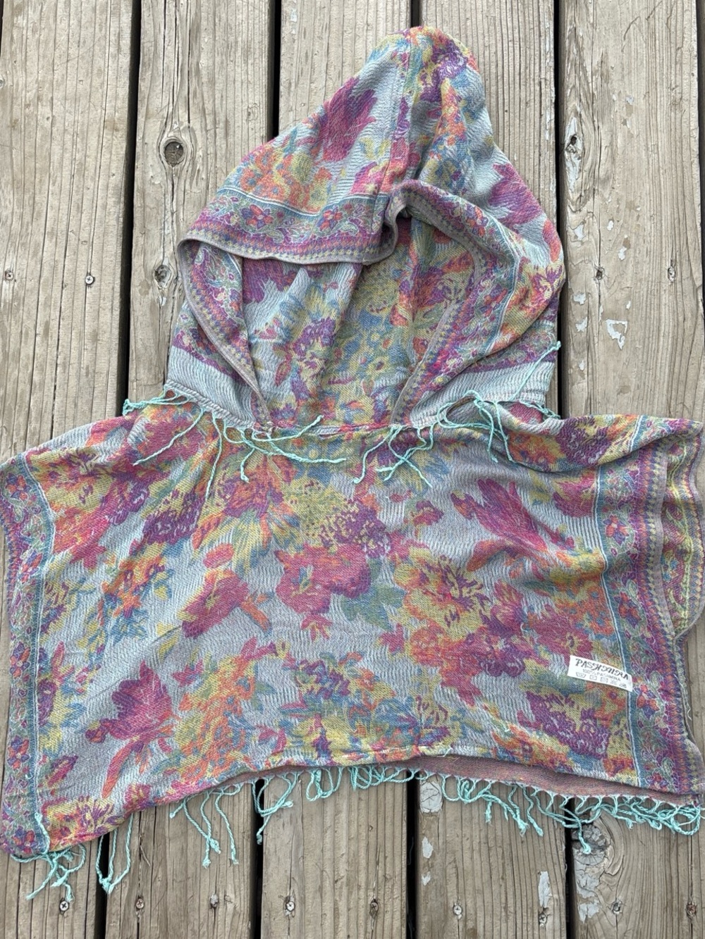 One-Size Multi-Colored Floral Cropped Short Sleeve Pashmina Hoodie/ Poncho